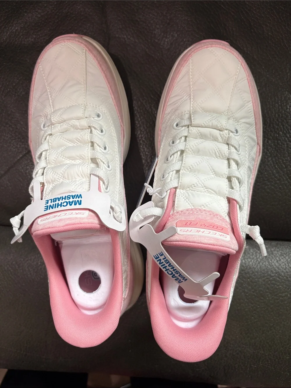 Sketchers hands free slip ins pink and white sneakers